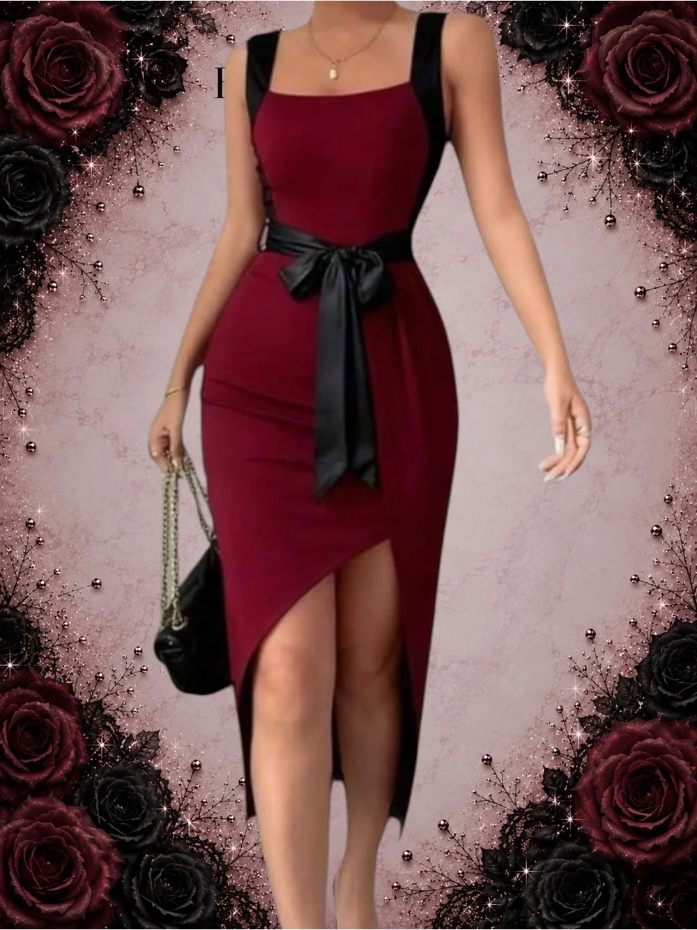 New Rafferiza Asymmetric Fitted Bow-Tie Midi Dress – Burgundy – Size Small